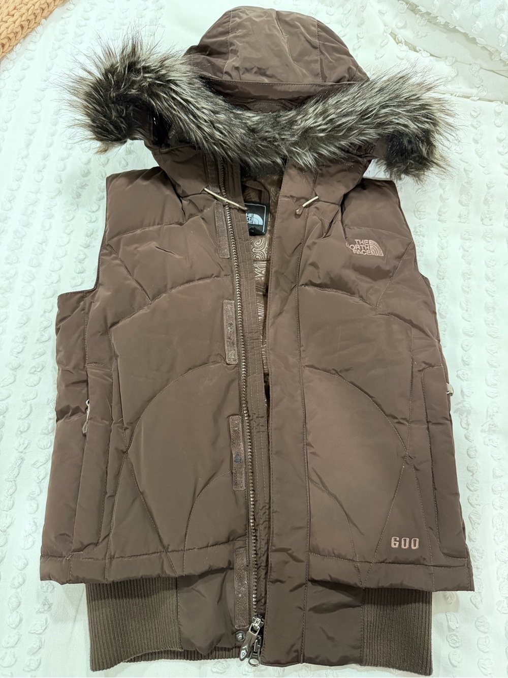 The North Face Brown Hooded Puffer Vest with Faux Fur Trim